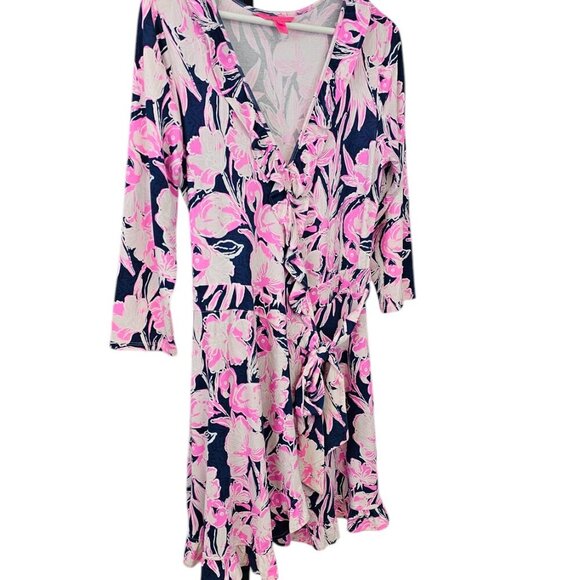 Lilly Pulitzer Jessalynne Romper, Wrap, V-Neck, Floral Flamingo, Stretch, Size M - Picture 8 of 9